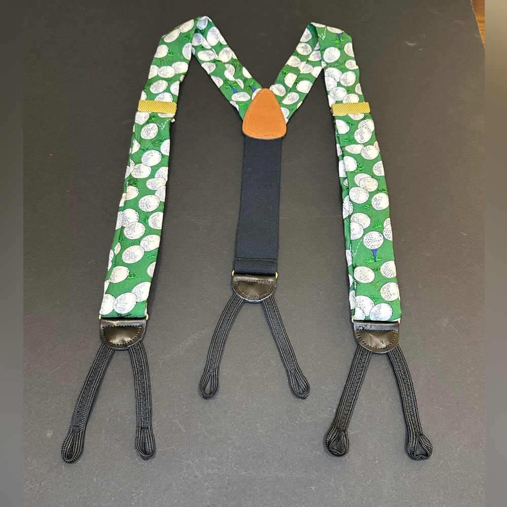 🌟2xHP🌟VTG 1990s-2000s Pelican Green Silk Golf Ball Button Suspenders Braces USA